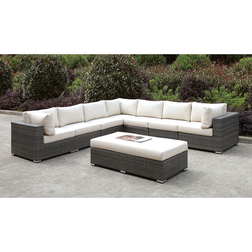 Somani Light Gray Wicker/Ivory Cushion Large L-Sectional + Bench image